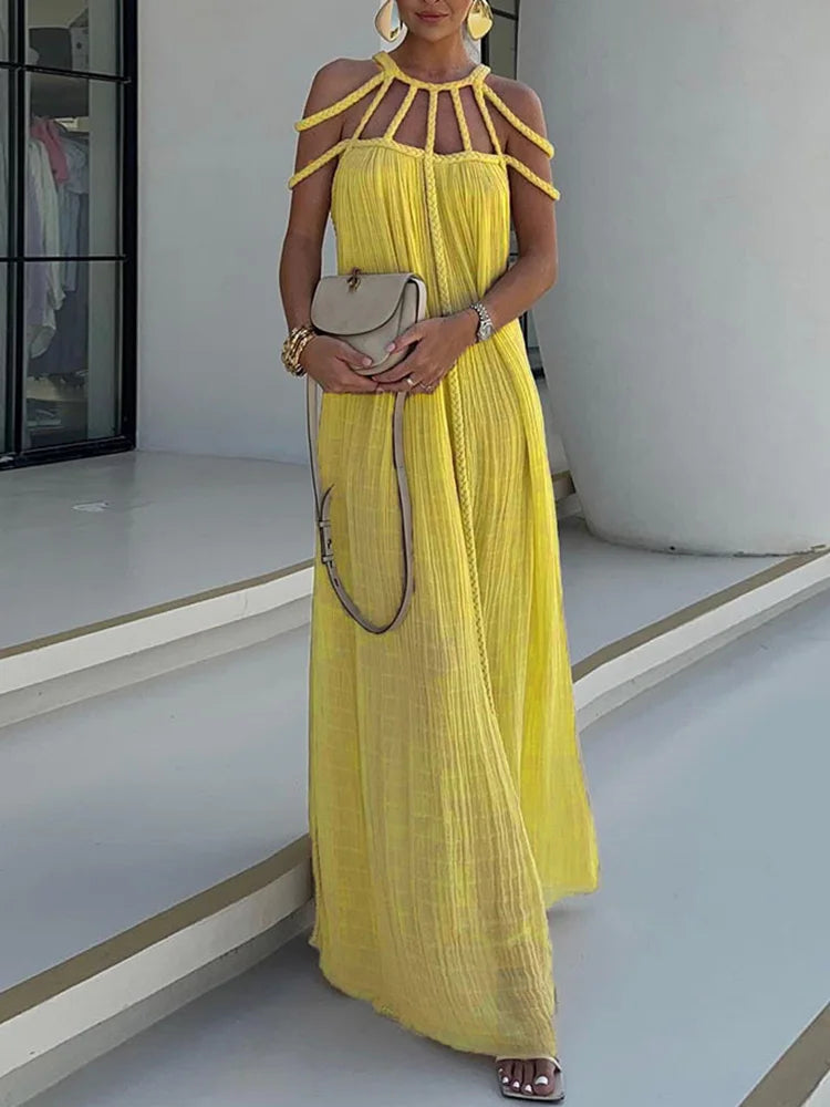 O-Neck Loungewear Hollow Out Party Dress, Women Summer Beach Style Fashion Maxi Dress, New Solid Sleeveless Elegant Ladies Dress