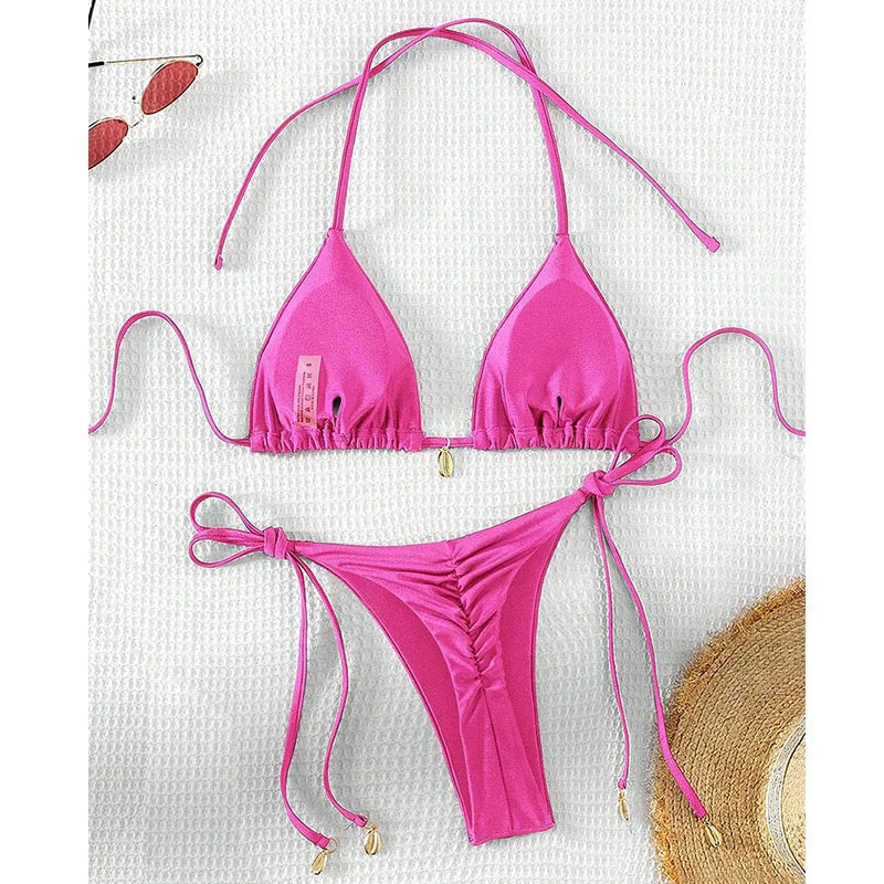 2 Pcs/Set Bikini Set Sexy Bikinis 2025 Bathing Suit Solid Color Halter