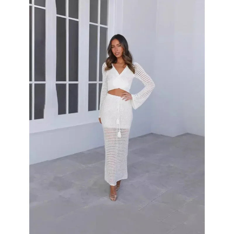 2024 Summer New Women's Solid Color Sexy Knit Bikini Swimsuit Outside Matching Set Beachwear Fashion Trend Ladies Suit