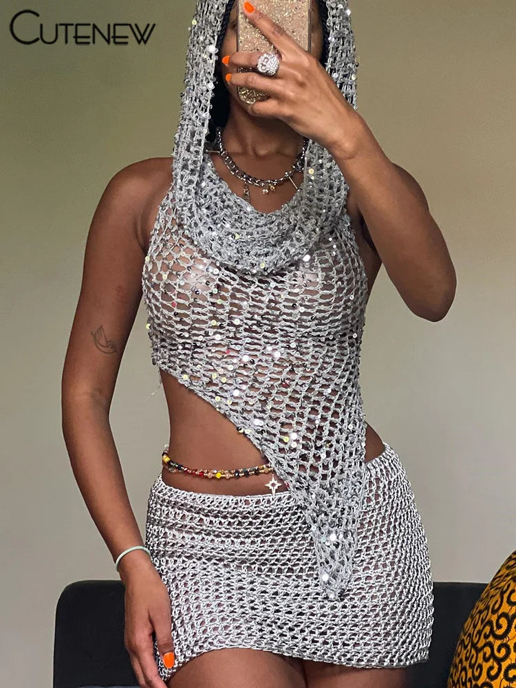 Cutenew Women's Knitted Two Piece Set Hooded Camisole Vest Top+Hip Slim Mini Skirt New Streetwear Female Dress Suit Hot 2023