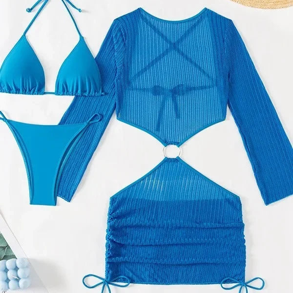 New Hot Sale Of The Season Pure Color Three-piece Bikini Swimsuit Separate Design Cross-Border Swimwear Elegant Feminine Fashion
