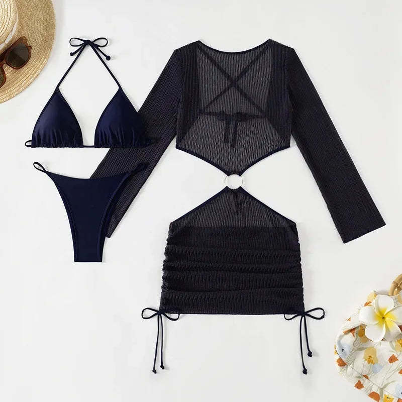 New Hot Sale Of The Season Pure Color Three-piece Bikini Swimsuit Separate Design Cross-Border Swimwear Elegant Feminine Fashion