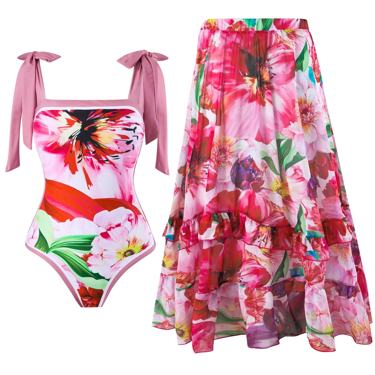 2024 New 2-Piece Women Bikini Set Push Up Floral Printed Ruffle Bikinis Strappy Bandage Swimwear Brazilian Biquini Bathing Suit