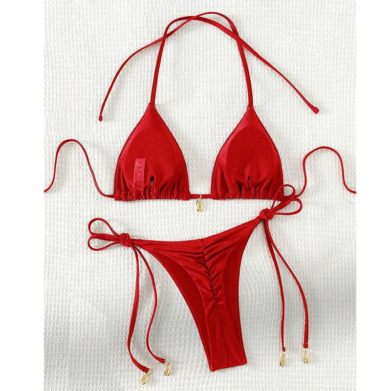 2 Pcs/Set Bikini Set Sexy Bikinis 2025 Bathing Suit Solid Color Halter