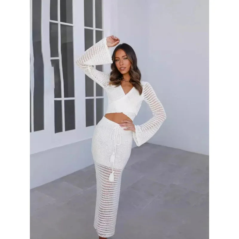2024 Summer New Women's Solid Color Sexy Knit Bikini Swimsuit Outside Matching Set Beachwear Fashion Trend Ladies Suit