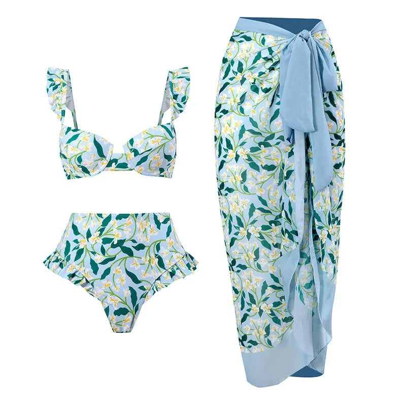 2024 New 2-Piece Women Bikini Set Push Up Floral Printed Ruffle Bikinis Strappy Bandage Swimwear Brazilian Biquini Bathing Suit