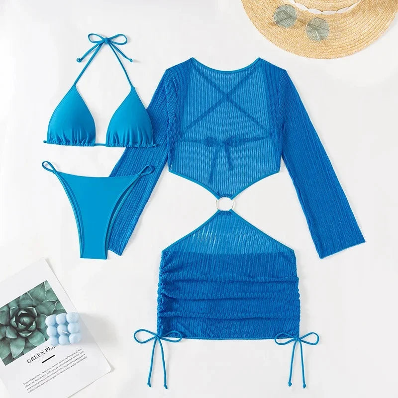 New Hot Sale Of The Season Pure Color Three-piece Bikini Swimsuit Separate Design Cross-Border Swimwear Elegant Feminine Fashion