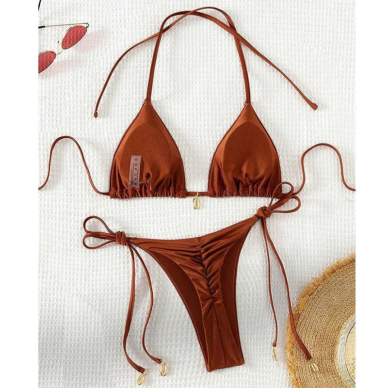 2 Pcs/Set Bikini Set Sexy Bikinis 2025 Bathing Suit Solid Color Halter